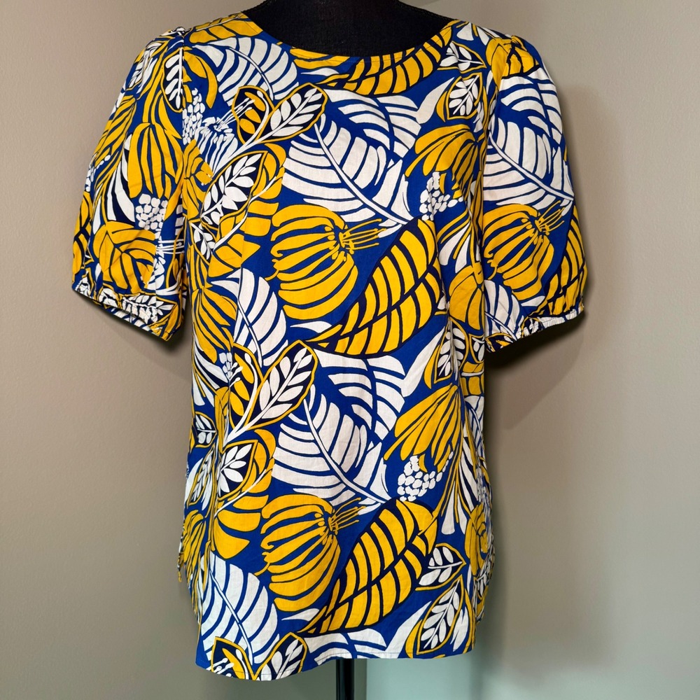Talbots Tropical Leaf Print Puff Sleeve Tie Back Blouse Women's M